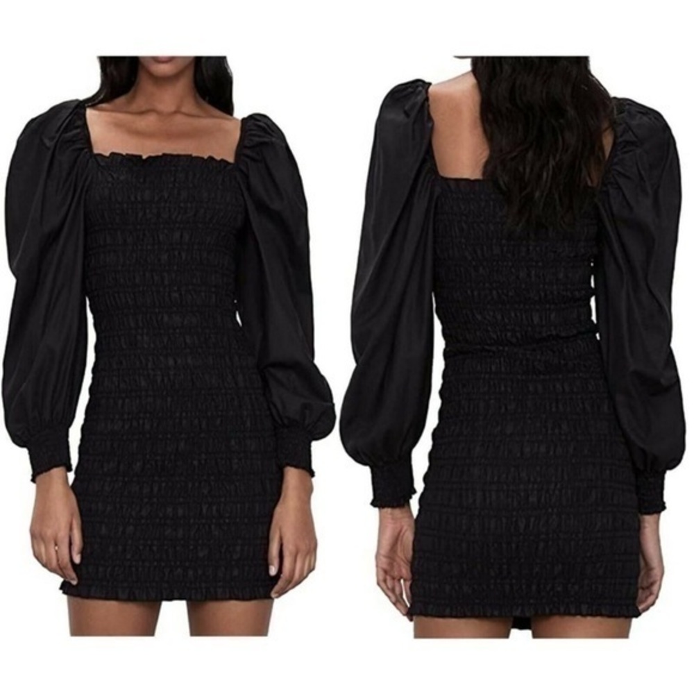 ZARA Women's Black Mini Dress Stretch Smocked Puff Sleeve Long Sleeve Fitted